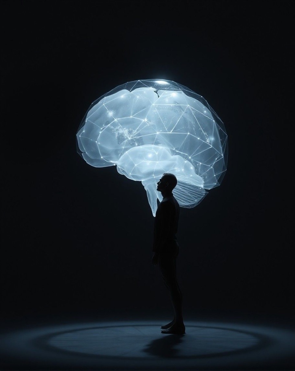 Human silhouette beneath an illuminated brain