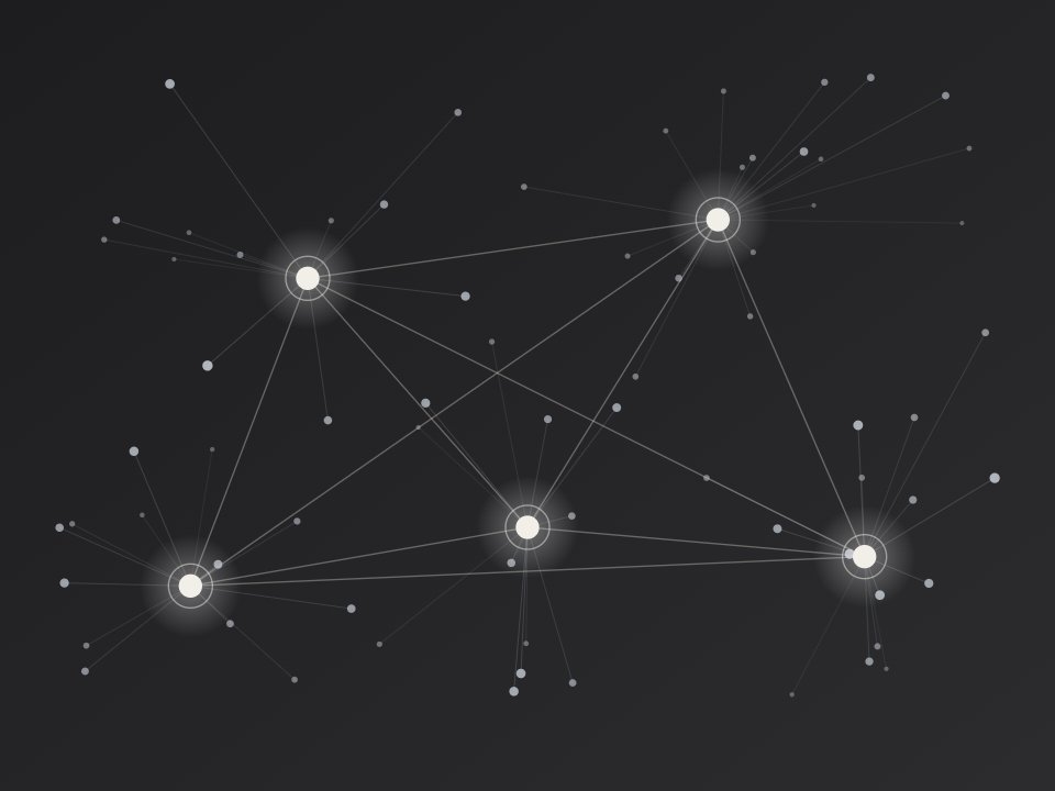 A network of connected points of light gathering around several central hubs